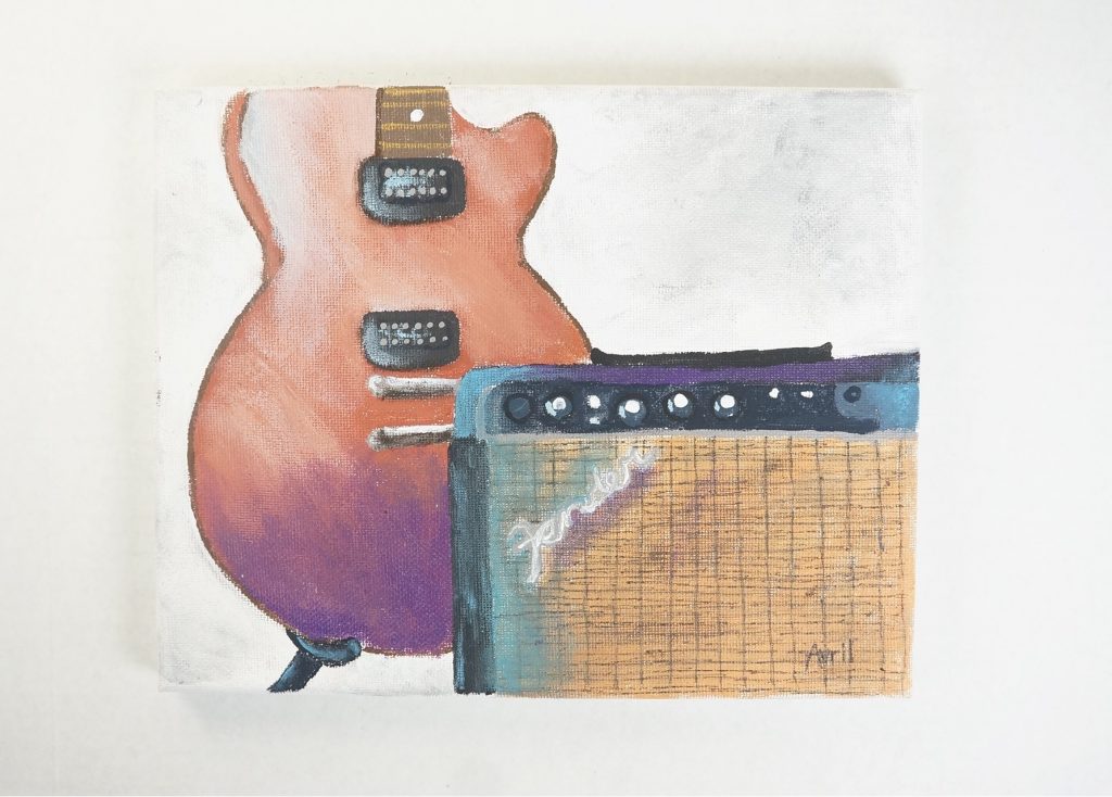 Painting of a guitar next to a Fender amplifier